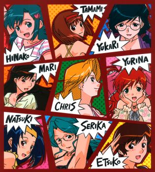  6+girls aqua_eyes aqua_hair arm_up armpits arms_up asahina_natsuki asahina_yurina bare_shoulders blonde_hair blue_eyes blue_hair braid brown_eyes brown_hair character_name christine_garland green_eyes hair_ornament hair_ribbon hairband hairclip halftone hands_on_own_cheeks hands_on_own_face headband heart heart_hair_ornament highres jewelry kayama_tamami kinomiya_yukari kozue_hinako kurihara_mari light_smile lipstick long_hair looking_at_viewer low_ponytail makeup multiple_girls necklace non-web_source official_art open_mouth photoshop_(medium) ponytail portrait profile randou_serika red_eyes red_hair red_hairband red_lips ribbon rimless_eyewear round_eyewear salute shirt short_hair short_sleeves smile striped_clothes striped_shirt super_real_mahjong tanaka_ryou toyohara_etsuko twin_braids yellow_headband 