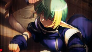  2girls apron arisa_astia atelier-moo blonde_hair blue_dress blurry blurry_background bookshelf breasts brown_apron brown_skirt clenched_hands clenched_teeth dress elf elle_louise game_cg gradient_hair green_hair hair_between_eyes half-closed_eyes indoors large_breasts long_pointy_ears long_sleeves lower_body lying multicolored_hair multiple_girls official_art on_stomach pointy_ears second-party_source short_hair sitting skirt sweat teeth upper_body wooden_floor yellow_eyes yuukyuu_gensoukyoku yuukyuu_gensoukyoku_revival 