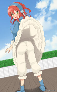  1girl alternate_costume ass bloomers blue_dress blue_flower blue_headband blue_ribbon blue_sky blue_socks blush bocchi_the_rock! cardcaptor_sakura cloud commission cosplay costume_switch dress embarrassed enigma_numx flower frilled_dress frills full_body garden headband highres juliet_sleeves kinomoto_sakura kinomoto_sakura_(cosplay) kita_ikuyo long_sleeves looking_back pixiv_commission puffy_sleeves red_hair ribbon sky socks solo underwear watermark white_bloomers wind wind_lift wooden_floor yellow_eyes 