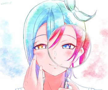  2girls blue_eyes blue_hair blush closed_mouth commentary hand_on_another's_cheek hand_on_another's_face highres holding holding_magnifying_glass love_live! love_live!_superstar!! magnifying_glass multiple_girls orange_eyes red_hair revealing_layer sailor_collar short_hair smile split_mouth wakana_shiki white_background white_sailor_collar yoneme_mei yukiti_ll 