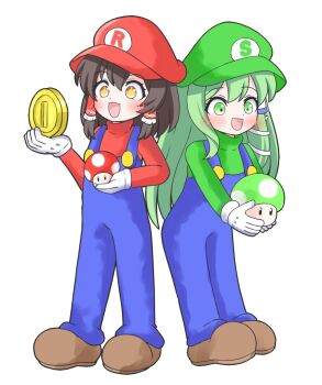  +_+ 1-up_mushroom 2girls :d black_hair blue_overalls blush brown_shoes clothes_writing coin commentary cosplay excited frilled_hair_tubes frills full_body gloves green_eyes green_hair green_hat green_shirt hair_tubes hakurei_reimu hat highres holding holding_coin initial kochiya_sanae long_hair long_sleeves luigi luigi_(cosplay) mario mario_(cosplay) mario_(series) medium_hair multiple_girls nintendo open_mouth overalls peaked_cap red_hat red_shirt shirt shoes simple_background smile standing super_mushroom touhou turtleneck turtleneck_shirt white_background white_gloves zenji029 