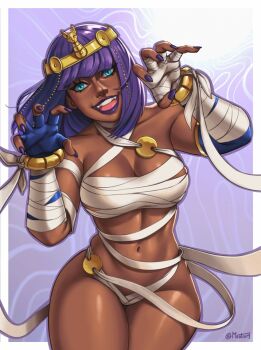  1girl alternate_costume ancient_egyptian ancient_egyptian_clothes bandages blunt_bangs bob_cut breasts circlet claw_pose contrapposto curvy dark-skinned_female dark_skin eyeshadow fingerless_gloves gloves green_eyes jewelry large_breasts linea_alba looking_at_viewer makeup menat mootium mummy_costume naked_bandage narrow_waist navel official_alternate_costume paw_pose purple_hair purple_lips revealing_clothes shiny_skin short_hair skindentation smile solo street_fighter street_fighter_v thick_thighs thigh_gap thighs wide_hips  rating:Sensitive score:40 user:ReadRejects