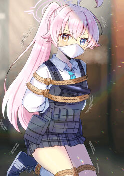 1girl ahoge arms_behind_back bdsm black_skirt blue_archive blue_eyes blue_necktie blue_shoes blurry blurry_background bondage bound bulletproof_vest collared_shirt commentary_request commission gag gagged halo heterochromia highres hoshino_(armed)_(blue_archive) hoshino_(blue_archive) improvised_gag kneehighs kneeling kou_hiyoyo long_hair long_sleeves looking_at_viewer mask miniskirt mouth_mask necktie pink_hair pink_halo plaid_clothes plaid_skirt pleated_skirt ponytail rope school_uniform shirt shoes skeb_commission skirt socks solo v-shaped_eyebrows variant_set white_shirt white_socks yellow_eyes 