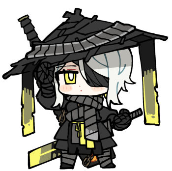  1girl black_coat black_hat black_shoes blush closed_mouth coat expressionless faust_(project_moon) grey_scarf hand_wraps hat heishou_pack-mao_branch_(identity)_(project_moon) holding holding_sword holding_weapon leg_wrap limbus_company looking_at_viewer pinch_(nesume) project_moon scarf shoes short_hair simple_background solo sword sword_on_back weapon weapon_on_back white_background white_hair yellow_eyes 