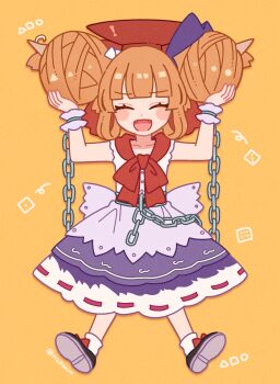  1girl blush bow brown_horns chain closed_eyes commentary_request cup cup_on_head double_bun facing_viewer fangs hair_bow hair_bun highres horns ibuki_suika lotus_eaters mozukuzu_(manukedori) official_alternate_hairstyle oni open_mouth orange_hair purple_skirt red_bow sakazuki shirt shoes skirt smile socks solo touhou white_shirt white_socks yellow_background 