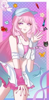  1girl aqua_hair baseball_cap blue_hat breasts caomeineng chess_piece chinese_commentary commentary_request crop_top crystal cyrene_(anta)_(honkai:_star_rail) cyrene_(demiurge)_(honkai:_star_rail) cyrene_(honkai:_star_rail) diamond-shaped_pupils diamond_(shape) flower gradient_background hat highres honkai:_star_rail honkai_(series) long_hair looking_at_viewer medium_breasts midriff miniskirt multicolored_hair official_alternate_costume pink_arm_warmers pink_hair pink_nails pointy_ears purple_eyes skirt solo sun symbol-shaped_pupils thighs two-tone_hair very_long_hair white_arm_warmers white_skirt 