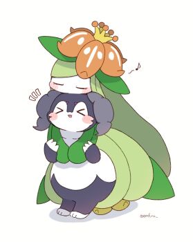  >_< 2girls blush colored_skin commentary_request emofuru_(vktd5442) gen_5_pokemon gen_8_pokemon green_hair green_skin happy highres hug indeedee indeedee_(female) lilligant monster_girl multiple_girls musical_note nintendo plant_girl pokemon pokemon_(creature) pokemon_focus purple_skin smile standing white_background white_skin 