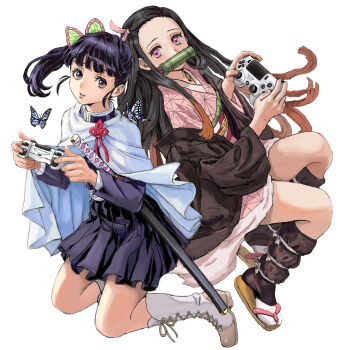  2girls absurdres anachronism asa_no_ha_(pattern) bamboo bit_gag black_hair black_skirt blue_hair blue_skirt boots bug butterfly butterfly_hair_ornament commentary_request controller demon_slayer_uniform gag gagged game_controller hair_ornament hair_ribbon highres holding holding_controller holding_game_controller insect japanese_clothes kamado_nezuko katana kimetsu_no_yaiba kimono long_hair long_sleeves looking_at_viewer mouth_hold multiple_girls parted_lips pink_eyes pink_kimono pink_ribbon playstation_controller pleated_skirt purple_eyes revision ribbon sandals sheath sheathed shiren_(ourboy83) side_ponytail simple_background skirt sword tsuyuri_kanao weapon white_background 