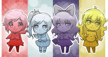  4girls ahoge asymmetrical_hair blake_belladonna book bow chibi hair_bow highres iesupa long_hair monochrome multiple_girls multiple_monochrome pennant ponytail ruby_rose rwby scar school_uniform short_hair side_ponytail smile weiss_schnee yang_xiao_long  rating:Sensitive score:16 user:danbooru