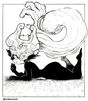  1girl ass colored_skin evinblacksmith feet feet_up from_side helmet helmet_over_one_eye highres imp looking_at_viewer lying midna multicolored_skin nintendo on_stomach open_mouth pointy_ears prehensile_hair solo the_legend_of_zelda the_legend_of_zelda:_twilight_princess the_pose thick_thighs thighs two-tone_skin 