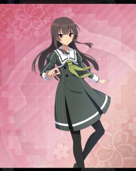  1girl black_pantyhose blunt_ends brown_hair brown_shoes buttons closed_mouth dot_nose double-breasted dress feet_out_of_frame floral_background game_cg green_dress green_neckerchief hand_up heijou_institute_school_uniform juujou_hiyori knee_up long_hair long_sleeves looking_at_viewer neckerchief official_art pantyhose pink_background pinstripe_dress pinstripe_pattern red_eyes sailor_collar school_uniform shoes sidelocks solo striped_clothes striped_dress third-party_source toji_no_miko toji_no_miko:_kizamishi_issen_no_tomoshibi vertical-striped_clothes vertical-striped_dress white_sailor_collar 