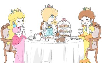  3girls blonde_hair blue_dress brooch brown_hair cake chair closed_eyes crown cup dress drinking_glass earrings elbow_gloves flower_brooch flower_earrings food gloves hair_over_one_eye hand_on_own_cheek hand_on_own_face highres holding holding_cup holding_plate jewelry long_hair long_sleeves looking_at_another macaron mario_(series) medium_hair multiple_girls nintendo on_chair open_mouth pink_dress plate princess_daisy princess_peach puffy_short_sleeves puffy_sleeves rosalina sasaki_sakiko short_sleeves sitting sphere_earrings spoon star_(symbol) star_brooch star_earrings table tea_party teacup teapot tiered_tray white_background white_gloves yellow_dress  rating:General score:5 user:danbooru