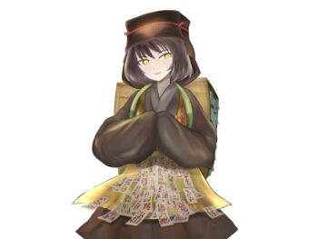  1girl apron black_hair box brown_hat brown_kimono closed_mouth crossed_arms eyes_visible_through_hair game_cg hat japanese_clothes kagetsumugi_(mon-musu_quest!) kimono large_variant_set light_smile mon-musu_quest! mon-musu_quest:_paradox nose ofuda red_ribbon ribbon short_hair un_do variant_set yellow_apron yellow_eyes 