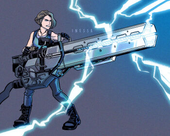  1girl artist_name black_boots black_gloves blue_eyes blue_shirt boots brown_hair commentary electricity english_commentary fingerless_gloves gloves holding holding_weapon jill_valentine nessieartss railgun resident_evil resident_evil_3:_nemesis resident_evil_3_(remake) shirt weapon 