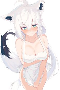  1girl absurdres ahoge animal_ear_fluff animal_ear_piercing animal_ears apron bare_shoulders blush braid breasts cleavage collarbone commentary_request covering_crotch covering_privates crossed_bangs embarrassed fox_ears fox_girl fox_tail green_eyes hair_between_eyes highres hololive large_breasts long_hair naked_apron natsuki_(natsu_1936) pentagram shirakami_fubuki sideboob sidelocks simple_background single_braid solo sweatdrop tail virtual_youtuber white_apron white_background white_hair 