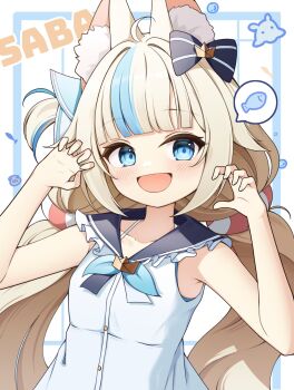  1girl :d ahoge animal_ear_fluff animal_ears black_bow black_sailor_collar blonde_hair blue_bow blue_bowtie blue_eyes blunt_bangs bow bowtie cat_ears character_name claw_pose commentary english_commentary fish gyeou_lee hair_bow hands_up highres indie_virtual_youtuber long_hair low_twintails multicolored_hair open_mouth sailor_collar sameko_saba shirt sleeveless sleeveless_shirt smile solo spoken_animal streaked_hair twintails upper_body virtual_youtuber white_background white_shirt 