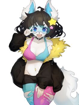  1girl :d ahoge animal_ears baburusushi black_hair black_jacket black_shorts blue-tinted_eyewear blue_eyes borrowed_character bra breasts bright_pupils cleavage collar commentary commission cowboy_shot cutout_eyelashes english_commentary fang fur-trimmed_jacket fur_trim furry furry_female hair_ornament hand_up highres jacket lana'i_(rrszz) leaning_forward medium_breasts open_clothes open_jacket open_mouth original pantyhose safety_glasses short_hair shorts simple_background skin_fang smile solo spiked_collar spikes standing star_(symbol) star_hair_ornament tail tinted_eyewear torn_clothes torn_pantyhose underwear v v_over_eye white_background white_fur white_pupils 