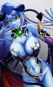  1girl armor astaroth_(shinrabanshou) black_armor black_leotard black_sclera blue_hair blue_skin breasts cleavage clothing_cutout colored_sclera colored_skin commentary_request demon_girl demon_horns demon_wings detached_collar detached_sleeves earrings gold_trim hair_between_eyes highleg highleg_leotard horns jewelry large_breasts leotard long_hair looking_at_viewer low_wings midriff nail_polish navel navel_cutout pointy_ears red_nails ring shinrabanshou solo white_mouth wings yellow_eyes yumeneko_nyaa 