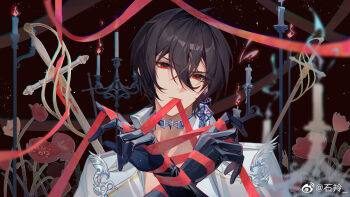  1boy ayn_alwyn ayn_alwyn_(until_the_end_of_time) black_background black_gloves black_hair blue_gem blurry bound bound_wrists candle candlestand cape chinese_commentary choker collared_shirt commentary_request commission depth_of_field earrings finger_ribbon flower gem glint gloves hair_between_eyes hands_up head_tilt highres jewelry lapels light_particles looking_at_viewer lovebrush_chronicles male_focus mouth_hold multiple_swords notched_lapels open_collar planted planted_sword planted_weapon poppy_(flower) portrait red_eyes red_flower red_ribbon ribbon ribbon_bondage ribbon_in_mouth serious shiling shirt short_hair single_earring smoke solo sword v-shaped_eyebrows watermark weapon weibo_watermark white_cape white_shirt wrist_ribbon 