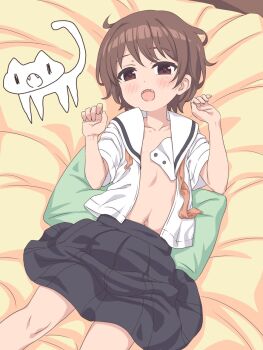 1girl blush broiler brown_eyes brown_hair cat commentary fangs flat_chest highres loli looking_at_viewer lying navel on_back open_clothes open_mouth open_shirt original short_hair skirt solo 