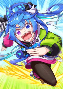  1girl @_@ ahoge animal_ears aqua_hair blue_eyes blue_hair boots brown_leggings coat commentary_request crossed_bangs drawstring harada_(sansei_rain) heterochromia highres hood hooded_coat hoodie horse_ears horse_girl horse_tail leggings long_hair long_sleeves looking_at_viewer multicolored_coat multicolored_hair multicolored_hoodie open_mouth purple_eyes running sharp_teeth sidelocks solo stuffed_animal stuffed_rabbit stuffed_toy sweat tail teeth twin_turbo_(blast_mode!_turbo_engine)_(umamusume) twin_turbo_(umamusume) twintails umamusume yellow_boots 