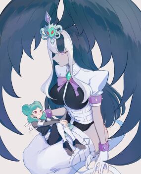  2girls belt beta_(inazuma_eleven) blue_bodysuit blue_hair bodysuit boots colored_skin corset double_bun hair_bun highres impossible_clothes inazuma_eleven_(series) inazuma_eleven_go inazuma_eleven_go_chrono_stone inazuma_eleven_victory_road keshin_(inazuma_eleven) kokuu_no_megami_athena long_hair medium_hair multicolored_hair multiple_girls protocol_omega purple_eyes skirt smile streaked_hair tadaooooononon white_boots white_skirt white_streaks  rating:General score:3 user:danbooru