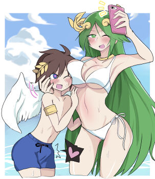  absurdres age_difference bikini blue_eyes blue_sky blue_swim_trunks blush breasts brown_hair bulge cloud erection erection_under_clothes face_to_breasts green_eyes green_hair hair_ornament hand_on_another's_head hand_on_another's_stomach heart heart-shaped_pupils highres in_water kid_icarus large_breasts long_hair male_swimwear nintendo onee-shota palutena phone pit_(kid_icarus) shota sky swim_trunks swimsuit symbol-shaped_pupils taking_picture topless_male water white-stew white_bikini white_wings wings 