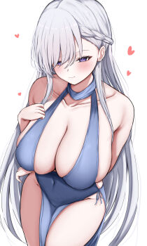  1girl absurdres alternate_costume azur_lane bare_shoulders belfast_(azur_lane) blue_dress blush breasts cleavage closed_mouth collarbone commentary_request covered_navel dress halterneck heart highres large_breasts long_hair looking_at_viewer pelvic_curtain purple_eyes samidarekinoko sideboob simple_background smile solo white_background white_hair 