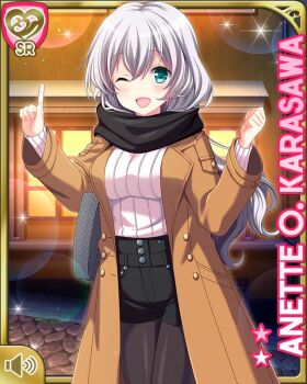  1girl ;d anette_olga_karasawa black_scarf black_shorts blue_eyes brown_jacket card_(medium) female_focus girlfriend_(kari) girlfriend_note indoors jacket long_hair looking_at_viewer night official_art one_eye_closed open_mouth pantyhose pantyhose_under_shorts qp:flapper scarf shorts silver_hair smile solo standing sweater sweden tagme white_sweater 