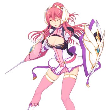  1girl :d ^_^ boots bow breasts cleavage cleavage_cutout closed_eyes clothing_cutout dress en_ciel_rena en_ciel_rena_(sin) facing_viewer game_cg hair_between_eyes hair_ornament holding holding_shield holding_sword holding_weapon kourin_tenshi_en_ciel_rena large_breasts large_variant_set long_hair long_sleeves non-web_source official_art open_mouth pink_hair pink_skirt pink_thighhighs ponytail rapier red_hair saitou_natsuki shield short_dress skirt smile solo suhamaya sword thighhighs tomoe_rena transparent_background variant_set weapon zettai_ryouiki 