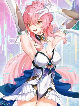  1girl aemeath_(wuthering_waves) ahoge armpits arms_up bare_shoulders breasts cleavage commentary covered_navel elbow_gloves glitch gloves hair_between_eyes hair_ornament highres leotard long_hair looking_at_viewer medium_breasts mole mole_on_shoulder open_mouth orange_eyes pink_hair ponytail showgirl_skirt skirt smile solo star-shaped_pupils star_(symbol) strapless strapless_leotard symbol-shaped_pupils utim v very_long_hair white_gloves white_leotard white_skirt wuthering_waves 