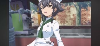  10s 2girls alternate_costume animated audible_speech black_hair braid brown_eyes chef_hat cooking english_text girls_und_panzer hat japanese_audio looking_at_another looking_at_viewer military military_uniform mocking multiple_girls open_mouth pepperoni_(girls_und_panzer) recording shirt short_hair skirt smile sound standing subtitled tagme video 