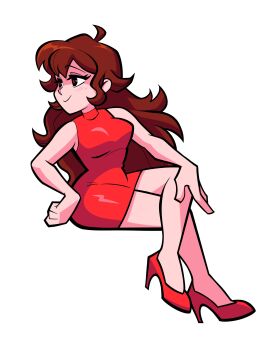  1girl absurdres ahoge artist_request breasts brown_hair commentary crossed_legs crossover crypt_of_the_necrodancer dress english_commentary friday_night_funkin' full_body girlfriend_(friday_night_funkin') high_heels highres impossible_clothes impossible_dress invisible_chair long_hair medium_breasts official_art pencil_dress red_dress rift_of_the_necrodancer sitting sleeveless smile solo tight_clothes tight_dress white_background 