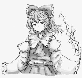  1girl ascot bow commentary_request cropped_torso detached_sleeves expressionless frilled_bow frilled_shirt_collar frills greyscale hair_bow hakurei_reimu highres imperishable_night medium_hair mesuosushi midriff monochrome shirt skirt sleeveless sleeveless_shirt solo touhou 