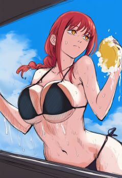 1girl against_glass bikini black_bikini braid braided_ponytail breast_press breasts car_wash chainsaw_man closed_mouth cloud cloudy_sky day highres jei_games large_breasts makima_(chainsaw_man) navel red_hair sidelocks sky solo sponge swimsuit wet yellow_eyes rating:Sensitive score:59 user:Narukovore