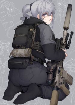  1girl abs alma01 artist_name bipod black_pants black_socks facial_scar from_behind full_body grey_background gun highres looking_at_viewer m110_sass multiple_views muscular muscular_female open_mouth original pants ponytail purple_eyes rifle scar scar_on_cheek scar_on_face scope short_ponytail simple_background smile sniper_rifle socks suppressor tactical_clothes weapon 