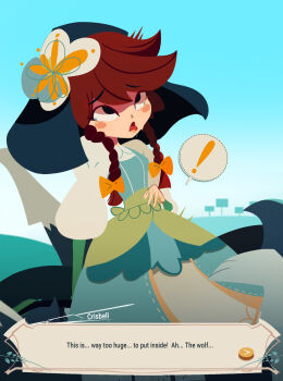 1boy 1girl 1st34 ahegao bestiality brown_hair character_request cris_tales crisbell defeat dress goatwithsauce highres implied_sex loli rolling_eyes sex_through_untorn_clothes speech_bubble talking tongue tongue_out twintails vaginal wolf