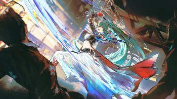  1girl 2boys absurdres arknights bandana_around_arm bead_bracelet beads belt bicycle bicycle_basket black_belt black_coat bracelet breasts chest_sarashi coat commentary english_commentary facial_scar feet_out_of_frame fighting gloves green_hair hakama hakama_pants hannya high_ponytail highres horns hoshiguma_(arknights) hoshiguma_the_breacher_(arknights) hyde_(tabakko) japanese_clothes jewelry long_hair looking_at_another mask medium_breasts multiple_boys navel noh_mask official_alternate_design official_alternate_hairstyle oni open_clothes open_coat open_mouth pants ponytail red_coat red_gloves sarashi scar scar_on_cheek scar_on_face single_horn skin-covered_horns solo_focus stomach sunglasses two-sided_coat two-sided_fabric unconventional_weapon white_pants yellow_eyes 