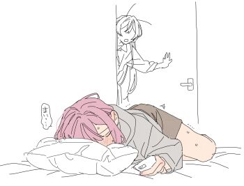  2girls amaori_renako asahibetsu blush brown_shorts cellphone collared_shirt commentary female_masturbation grey_hoodie head_on_pillow highres holding holding_phone hood hoodie long_hair loose_hair_strand lying masturbation medium_hair multiple_girls on_stomach open_mouth ouzuka_mai partially_colored phone pillow pink_hair shirt shorts sidelocks smartphone speech_bubble sweat translation_request trembling untranslatable_commentary walk-in watashi_ga_koibito_ni_nareru_wake_naijan_murimuri! yuri 