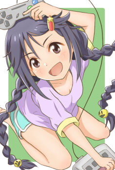  1girl aqua_shorts arm_above_head barefoot black_hair border braid breasts brown_eyes casual character_hair_ornament collarbone controller curled_fingers dolphin_shorts feet female_focus floating_hair from_above full_body game_controller green_background hair_between_eyes hair_ornament hairclip happy highres holding holding_controller holding_game_controller idolmaster idolmaster_cinderella_girls kneeling knees legs light_blush long_hair looking_at_viewer looking_up miyoshi_sana open_mouth pac-man playing_games shirt shorts side_slit side_slit_shorts sidelocks small_breasts soles swept_bangs t-shirt tasogare0101 thighs toes twin_braids white_border 