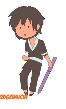 1boy :d black_hair black_robe chibi chibi_only contrapposto full_body geh4sunny highres holding holding_sword holding_weapon looking_at_viewer male_focus open_mouth robe shadow_slave short_hair smile solo standing sunny_(shadow_slave) sword weapon 