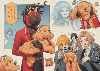  ... 1boy 1other 4girls :d ? analog_clock animal animalization belt belt_buckle black_coat black_pants black_shirt blonde_hair blush_stickers bow bow_hairband brown_hair buckle bug cheek_squash clock coat cockroach collared_shirt commentary_request dante_(limbus_company) dog don_quixote_(project_moon) double-parted_bangs fire flying_sweatdrops green_eyes gregor's_cockroach_(project_moon) grey_belt hair_between_eyes hairband halftone hand_on_own_cheek hand_on_own_face heathcliff_(project_moon) highres holding holding_animal holding_dog insect ishmael_(project_moon) jitome lapels laughing limbus_company long_hair long_sleeves multiple_girls necktie notched_lapels object_head open_clothes open_coat open_mouth oxy_(ho2) pants person_and_animalization project_moon red_coat red_necktie rodion_(project_moon) ryoshu_(project_moon) shirt short_hair smile speech_bubble spoken_ellipsis squatting translation_request twitter_username white_bow 
