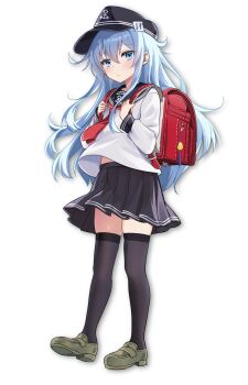  1girl anchor_symbol backpack bag black_hat black_sailor_collar black_skirt black_thighhighs blue_eyes blue_hair commentary_request flat_cap full_body grey_shoes hat hat_pin hibiki_(kancolle) highres kantai_collection long_hair long_sidelocks motohara_moka neckerchief pleated_skirt randoseru red_neckerchief sailor_collar sailor_shirt school_uniform serafuku shirt shoes sidelocks simple_background skirt solo thighhighs white_background 