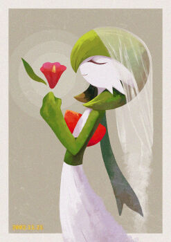 1girl arched_back bob_cut border closed_eyes closed_mouth colored_skin cowboy_shot dated female_focus flat_chest flower from_side gardevoir gen_3_pokemon green_hair green_skin grey_background hand_up happy holding holding_flower hotarubi_(bugkhdu) multicolored_skin nintendo outside_border pokemon pokemon_(creature) profile red_flower see-through_clothes see-through_veil short_hair simple_background smile solo standing two-tone_skin u_u veil white_border white_skin white_veil