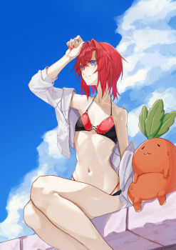  1girl 1other :3 absurdres alternate_costume ange_katrina arm_up armpit_crease bare_legs bare_shoulders bikini black_bikini blue_eyes blue_sky breasts closed_mouth cloud collarbone commentary_request crossed_bangs day feet_out_of_frame gradient_eyes hair_between_eyes hair_intakes hair_ornament highres ikvugzu5zu51627 jacket looking_ahead mandragora mandragora_(ange_katrina) medium_hair multicolored_eyes nail_polish navel nijisanji off_shoulder open_clothes open_jacket outdoors purple_eyes red_bikini red_hair red_nails ribs shading_eyes side-by-side sitting skinny sky small_breasts smile stomach swimsuit triangle_hair_ornament virtual_youtuber white_jacket 