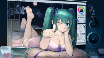  aqua_eyes aqua_hair aqua_nails barefoot blush breasts cable cleavage closed_mouth cloud collarbone commentary computer_mouse cup dress eyelashes feet feet_up fingernails full_moon hand_on_own_face hatsune_miku heart highres long_hair lying monitor moon mug nail_polish night on_stomach one_eye_closed pale_skin pillow pointing pointing_at_viewer purple_dress sky smile soles speaker through_medium through_screen toenail_polish toenails toes twintails vocaloid xmxing 