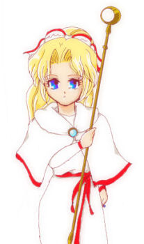  1990s_(style) 1girl blonde_hair blue_eyes female_focus final_fantasy final_fantasy_iv long_hair lowres ponytail retro_artstyle ribbon robe rosa_farrell simple_background solo staff white_background winder 