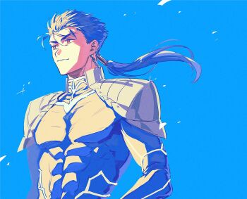  1boy abs armor asymmetrical_hair blue_bodysuit blue_hair bodysuit cu_chulainn_(fate) cu_chulainn_(fate/stay_night) cu_chulainn_(lancer)_(fate) earrings fate/grand_order fate/stay_night fate_(series) haiiro_(haiiro_x2) hair_ornament highres jewelry long_hair low_ponytail male_focus muscular muscular_male pauldrons pectorals ponytail red_eyes shoulder_armor solo upper_body wind  rating:General score:3 user:Menace5