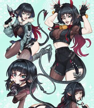 1girl 2024 abstract_background animal_ears armpits black_hair black_shorts boots breasts brown_pantyhose brown_thighhighs coat commentary ear_piercing english_commentary eva_solo finger_to_own_chin fingernails full_body gradient_hair grey_boots grey_coat grin hands_up high_heel_boots high_heels highres jacket jane_doe_(zenless_zone_zero) long_hair looking_back lying mechanical_tail medium_breasts midriff_peek mouse_ears mouse_girl mouse_tail multicolored_hair multiple_views nail_polish on_stomach open_hand pantyhose patterned_background piercing prehensile_tail red_hair red_lips red_nails shorts single_leg_pantyhose single_thighhigh sitting sleeveless smile soles spinning_weapon spread_fingers tail thighhighs torn_clothes torn_pantyhose torn_thighhighs two-tone_hair unworn_jacket wariza zenless_zone_zero