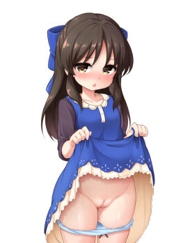 1girl blue_bow blue_dress blue_panties blush border bow bow_panties brown_eyes brown_shirt cleft_of_venus clothes_lift collarbone cowboy_shot dress dress_lift fat_mons female_focus groin hair_bow highres idolmaster idolmaster_cinderella_girls lifting_own_clothes loli long_hair looking_at_viewer musouzuki nose_blush panties panty_pull parted_lips pussy pussy_juice pussy_juice_trail shirt signature simple_background sleeveless sleeveless_dress solo standing tachibana_arisu uncensored underwear upper_body white_background rating:Explicit score:441 user:danbooru